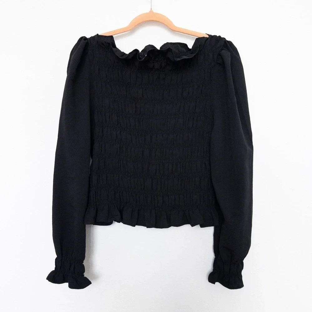 Womens Off Shoulder Smocked Blouse M Black Ruffle Long‎ Sleeve Romantic Cottage